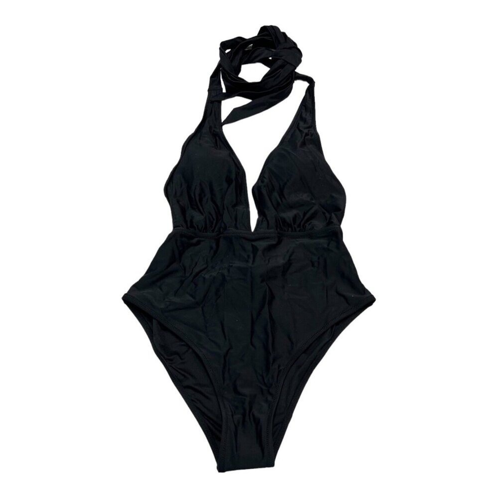 Cupshe Swimsuit Black Plunging Tie Front One Piece Size L Beach Vacation Resort